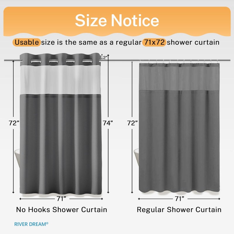 River Dream Heavyweight Grey No Hooks Required Dotted Waffle Weave Shower Curtain with Snap in Liner - 71W x 74H,Hotel Grade,Spa Like Bath Curtain,Gray - Image 5